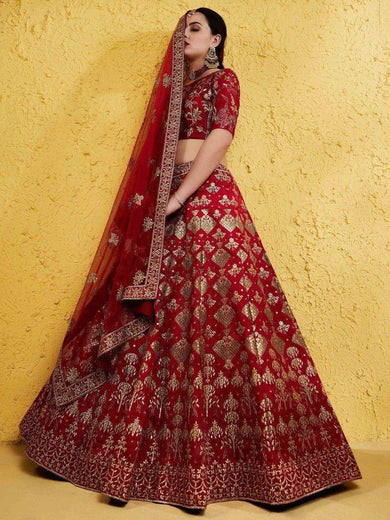 Fascinating Red Embroidered Silk Bridal Lehenga Choli With Dupatta